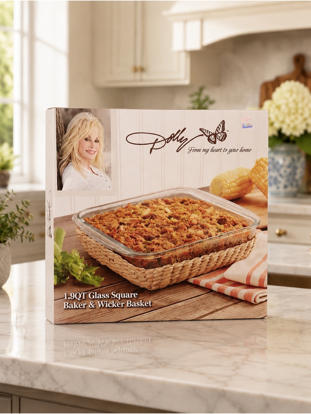 Dolly 1.9QT Square Baker with Tan Wicker Basket